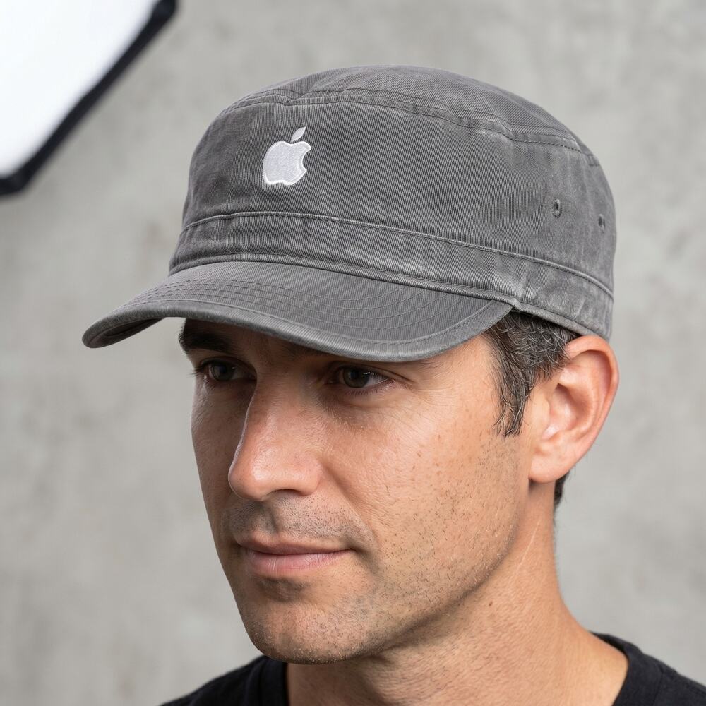 Apple Unisex Military Cadet Cap Hat Gray Faded Embroidered Logo OSFM